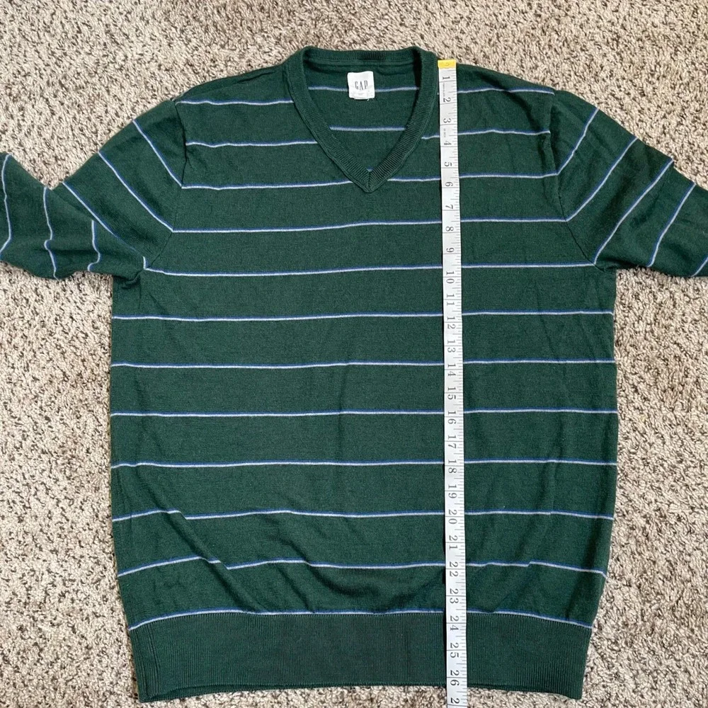 Vintage Gap V-Neck Sweater Men L Green Striped 100% Merino Extra Fine Wool Y2K